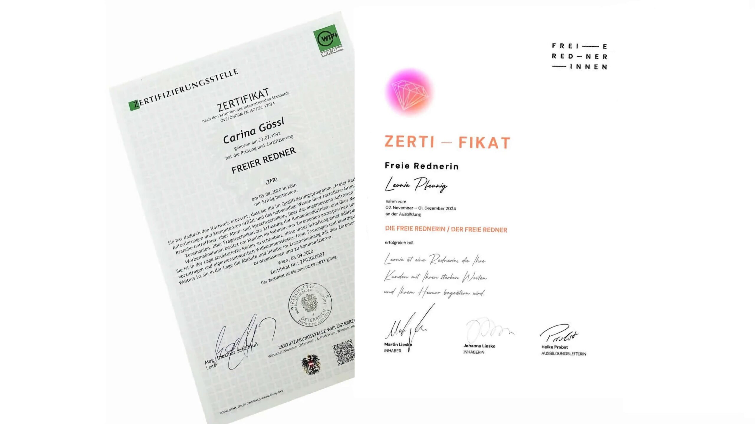Unsere Abschlüsse | Personenzertifikat der WKO und das Freie Redner Zertifikat